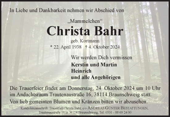 Traueranzeige von Christa Bahr von Braunschweiger Zeitung