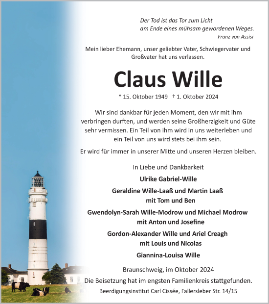 Traueranzeige von Claus Wille von Braunschweiger Zeitung