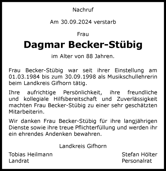 Traueranzeige von Dagmar Becker-Stübig von Wolfsburger Nachrichten