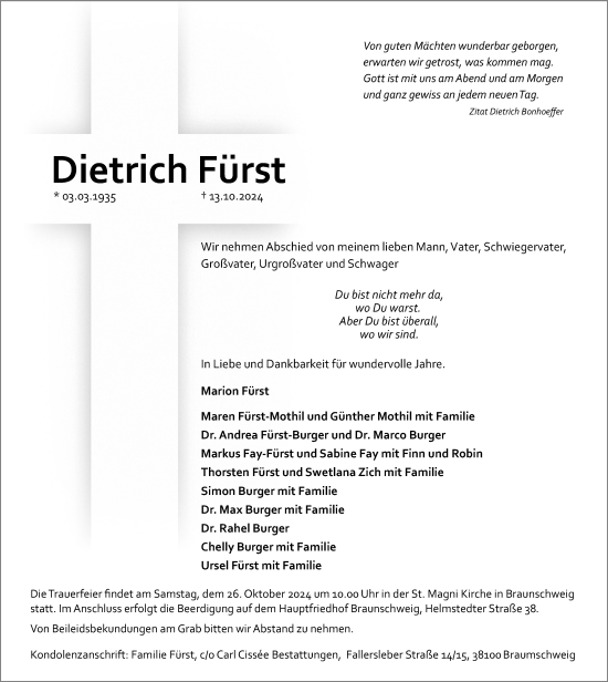 Traueranzeige von Dietrich Fürst von Braunschweiger Zeitung
