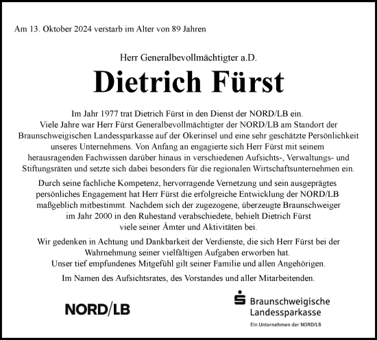 Traueranzeige von Dietrich Fürst von Braunschweiger Zeitung