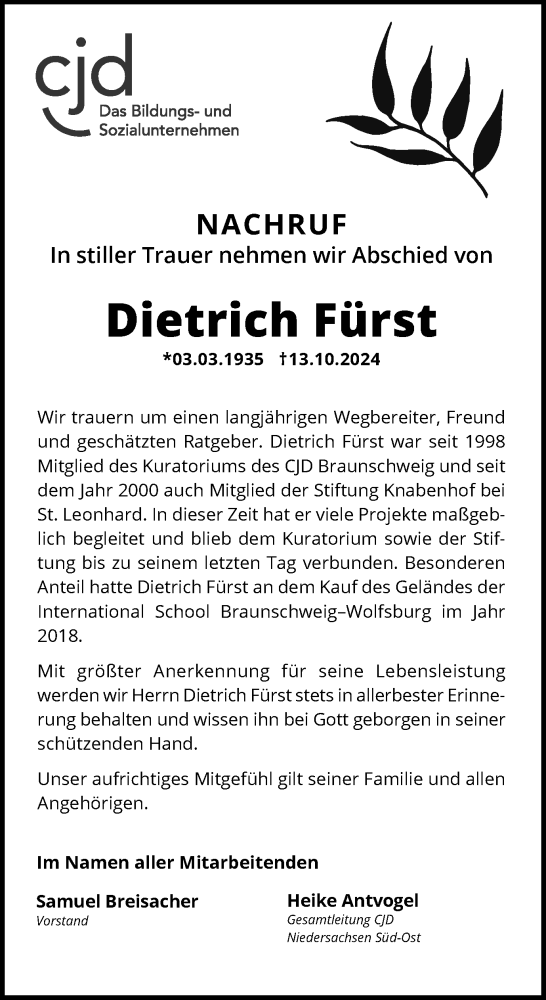 Traueranzeige von Dietrich Fürst von Braunschweiger Zeitung