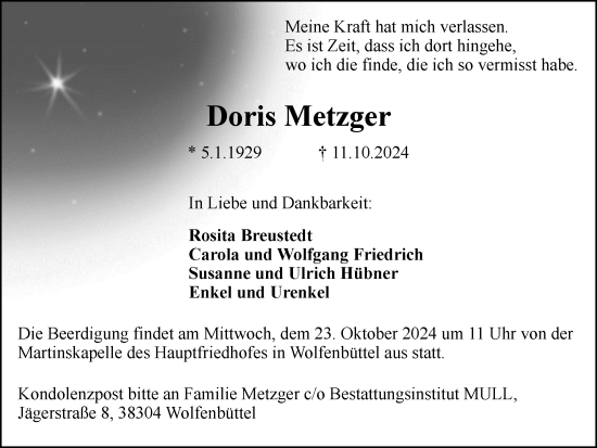 Traueranzeige von Doris Metzger von Wolfenbütteler Zeitung