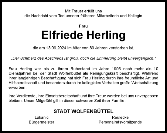 Traueranzeige von Elfriede Herling von Wolfenbütteler Zeitung