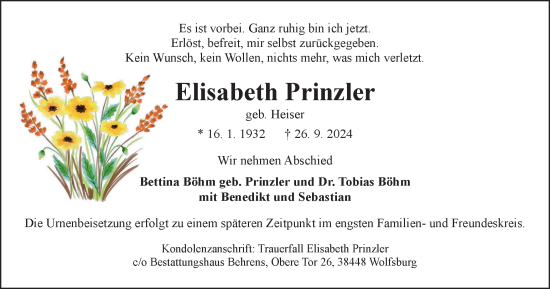 Traueranzeige von Elisabeth Prinzler von Wolfsburger Nachrichten