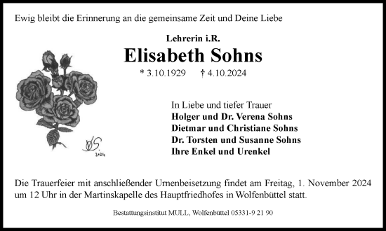 Traueranzeige von Elisabeth Sohns von Wolfenbütteler Zeitung