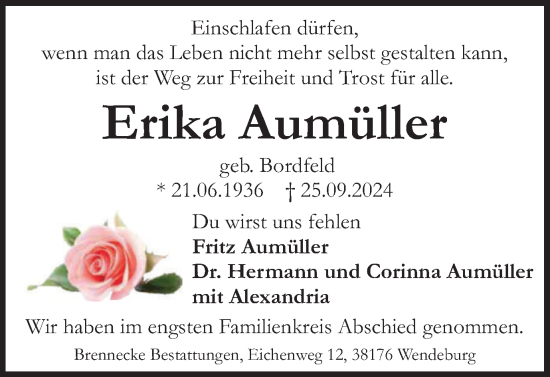 Traueranzeige von Erika Aumüller von Peiner Nachrichten