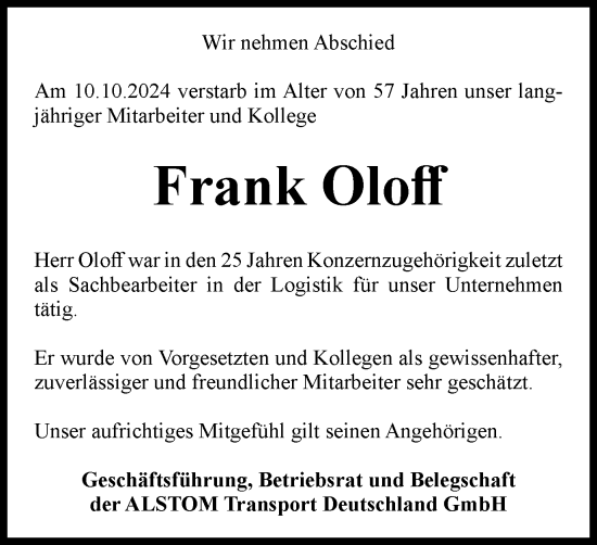 Traueranzeige von Frank Oloff von Salzgitter-Zeitung, Wolfenbütteler Zeitung