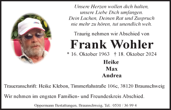 Traueranzeige von Frank Wohler von Neue Braunschweiger am Samstag