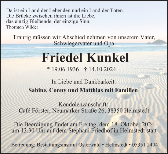 Traueranzeige von Friedel Kunkel von Helmstedter Nachrichten