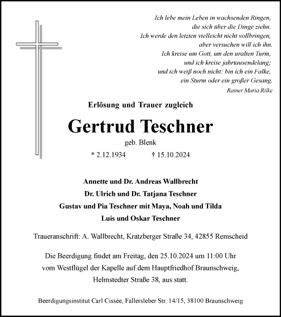 Traueranzeige von Gertrud Teschner von Braunschweiger Zeitung