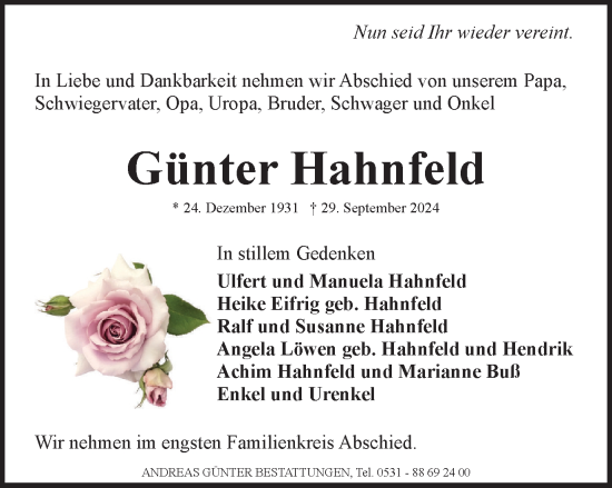 Traueranzeige von Günter Hahnfeld von Braunschweiger Zeitung