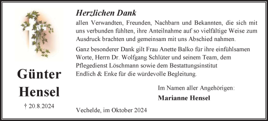 Traueranzeige von Günter Hensel von Peiner Nachrichten
