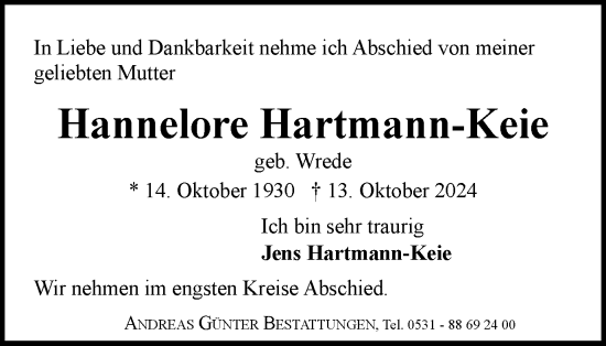 Traueranzeige von Hannelore Hartmann-Keie von Braunschweiger Zeitung