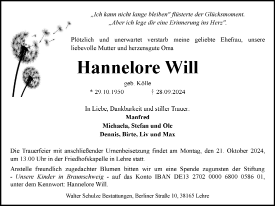 Traueranzeige von Hannelore Will von Braunschweiger Zeitung
