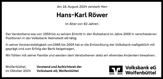 Traueranzeige von Hans-Karl Röwer von Helmstedter Nachrichten, Wolfenbütteler Zeitung
