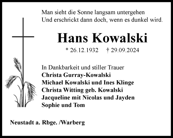 Traueranzeige von Hans Kowalski von Helmstedter Nachrichten