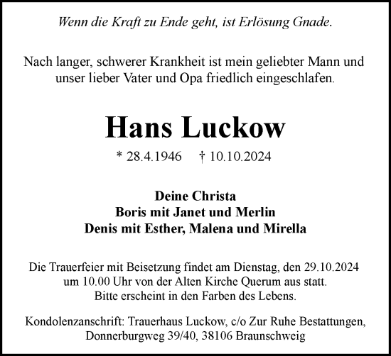 Traueranzeige von Hans Luckow von Braunschweiger Zeitung