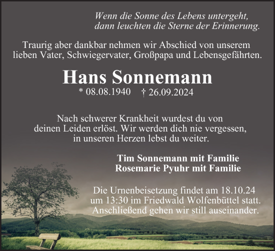 Traueranzeige von Hans Sonnemann von Salzgitter-Zeitung