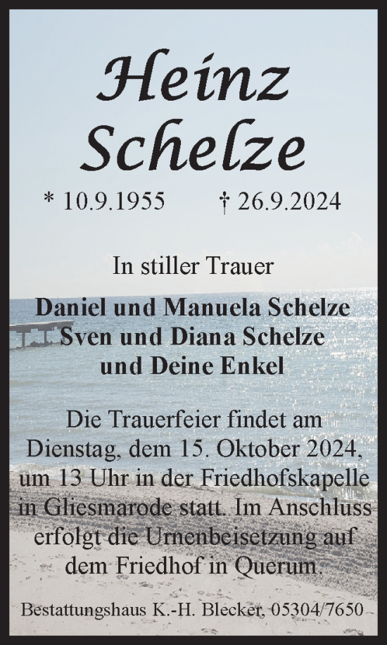 Traueranzeige von Heinz Schelze von Braunschweiger Zeitung