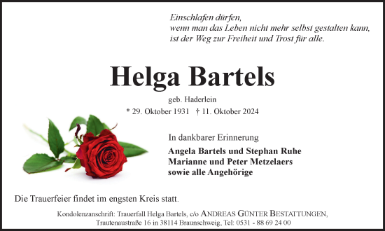 Traueranzeige von Helga Bartels von Braunschweiger Zeitung