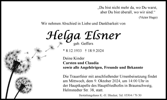 Traueranzeige von Helga Elsner von Braunschweiger Zeitung