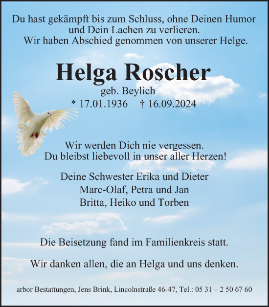 Traueranzeige von Helga Roscher von Braunschweiger Zeitung