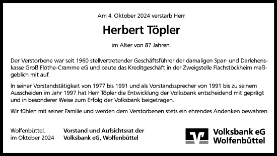 Traueranzeige von Herbert Töpler von Salzgitter-Zeitung, Wolfenbütteler Zeitung