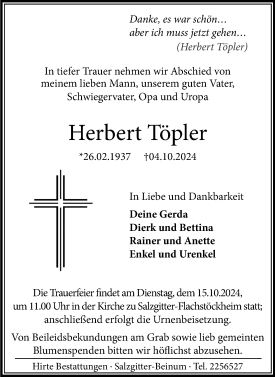 Traueranzeige von Herbert Töpler von Salzgitter-Zeitung