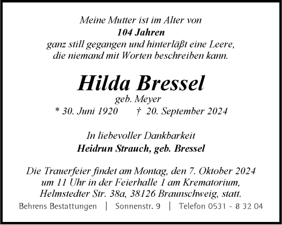 Traueranzeige von Hilda Bressel von Braunschweiger Zeitung