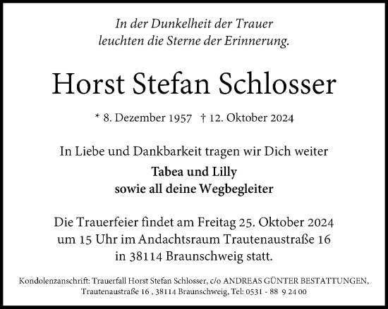 Traueranzeige von Horst Stefan Schlosser von Braunschweiger Zeitung