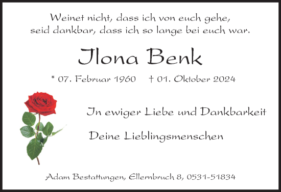 Traueranzeige von Ilona Benk von Braunschweiger Zeitung