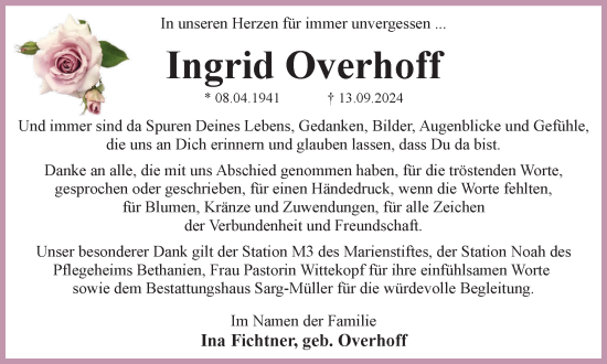Traueranzeige von Ingrid Overhoff von Braunschweiger Zeitung