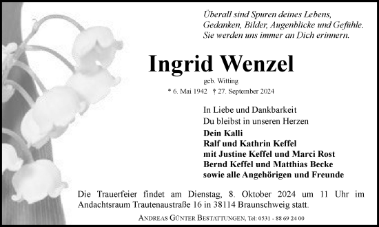 Traueranzeige von Ingrid Wenzel von Braunschweiger Zeitung