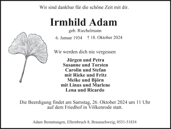 Traueranzeige von Irmhild Adam von Braunschweiger Zeitung