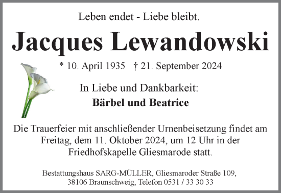 Traueranzeige von Jacques Lewandowski von Braunschweiger Zeitung