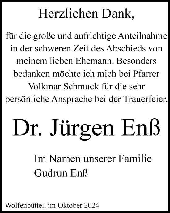 Traueranzeige von Jürgen Enß von Wolfenbütteler Zeitung