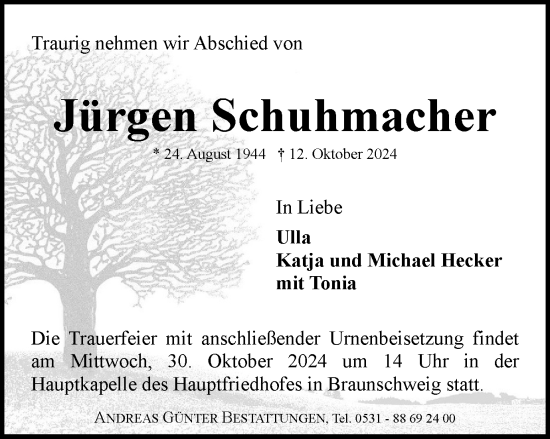Traueranzeige von Jürgen Schuhmacher von Braunschweiger Zeitung