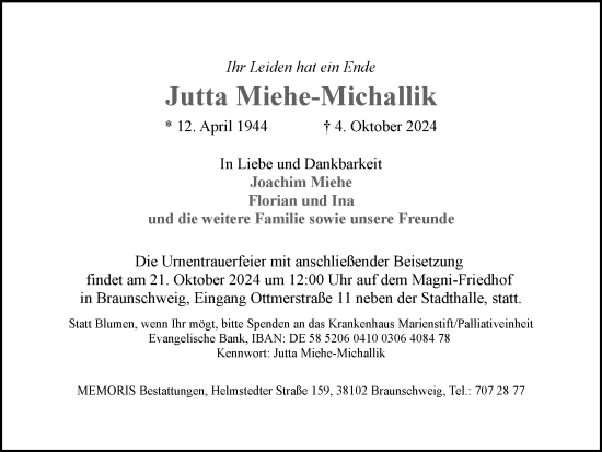 Traueranzeige von Jutta Miehe-Michallik von Braunschweiger Zeitung
