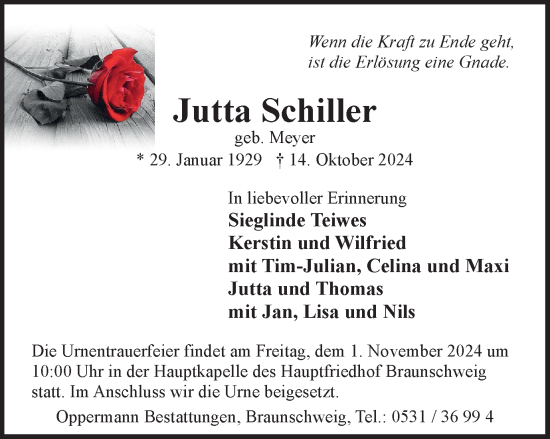 Traueranzeige von Jutta Schiller von Braunschweiger Zeitung