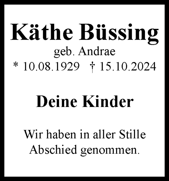 Traueranzeige von Käthe Büssing von Braunschweiger Zeitung