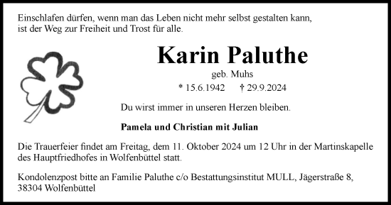 Traueranzeige von Karin Paluthe von Braunschweiger Zeitung