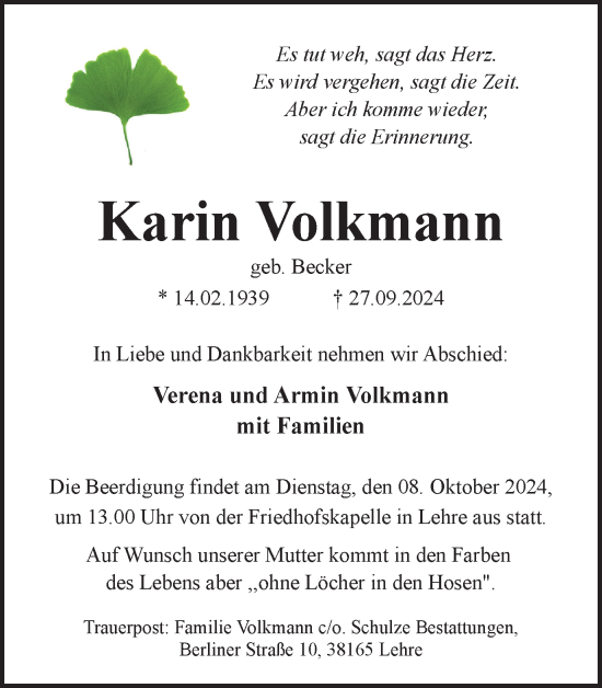 Traueranzeige von Karin Volkmann von Helmstedter Nachrichten