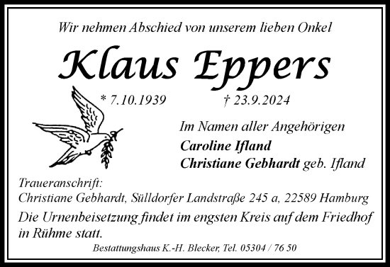 Traueranzeige von Klaus Eppers von Braunschweiger Zeitung