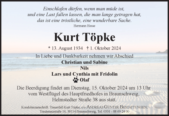Traueranzeige von Kurt Töpke von Braunschweiger Zeitung
