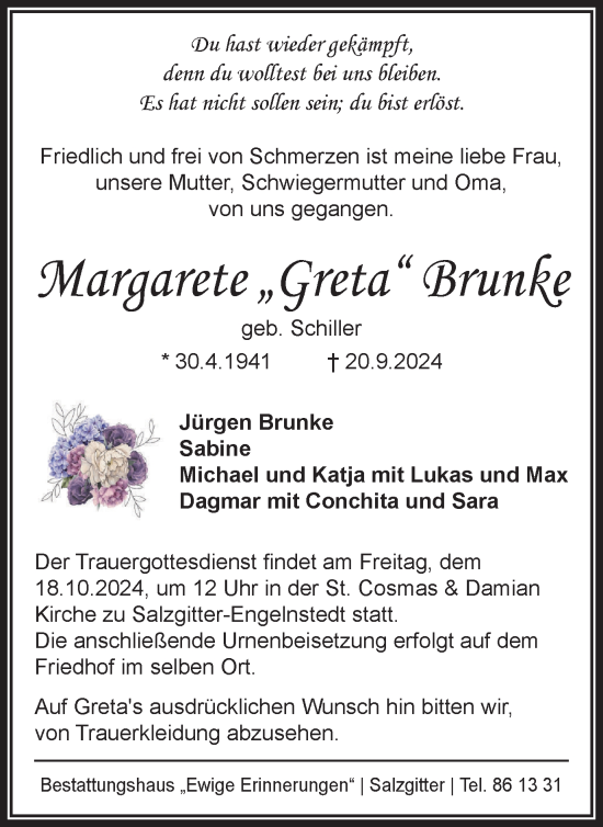Traueranzeige von Margarete Brunke von Salzgitter-Zeitung