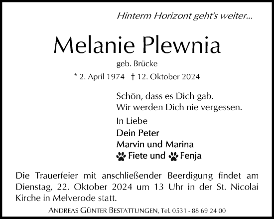 Traueranzeige von Melanie Plewnia von Braunschweiger Zeitung