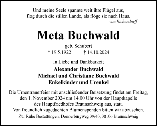 Traueranzeige von Meta Buchwald von Braunschweiger Zeitung