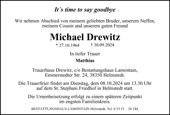 Traueranzeige von Michael Drewitz von Helmstedter Nachrichten