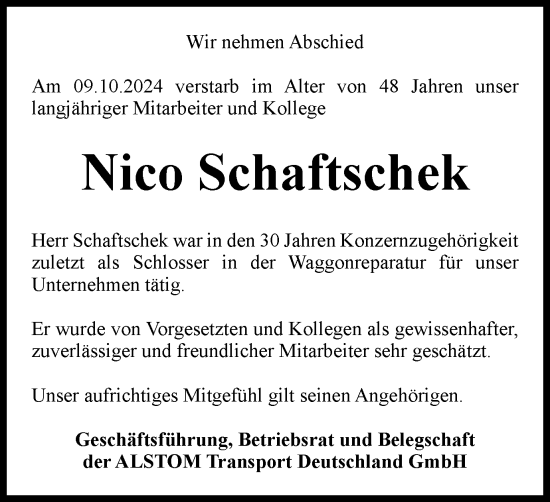 Traueranzeige von Nico Schaftschek von Salzgitter-Zeitung